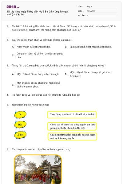 Bài tập hàng ngày Tiếng Việt lớp 3 Bài 24: Cùng Bác qua suối (có đáp án)