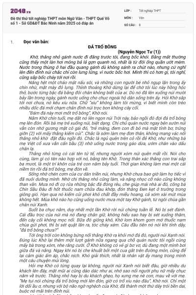 Đề thi thử tốt nghiệp THPT môn Ngữ Văn - THPT Quế Võ số 1 - Sở GD&ĐT Bắc Ninh năm 2025 có đáp án