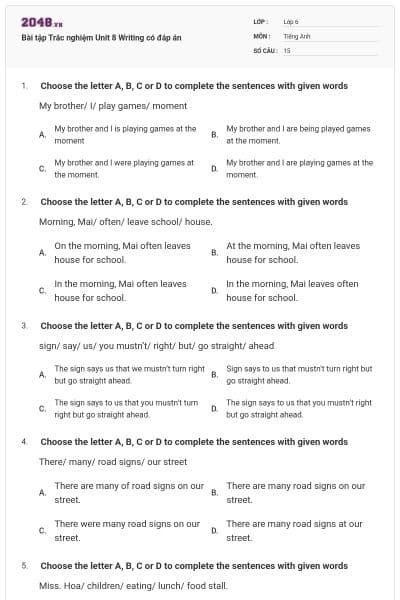 Bài tập Trắc nghiệm Unit 8 Writing có đáp án