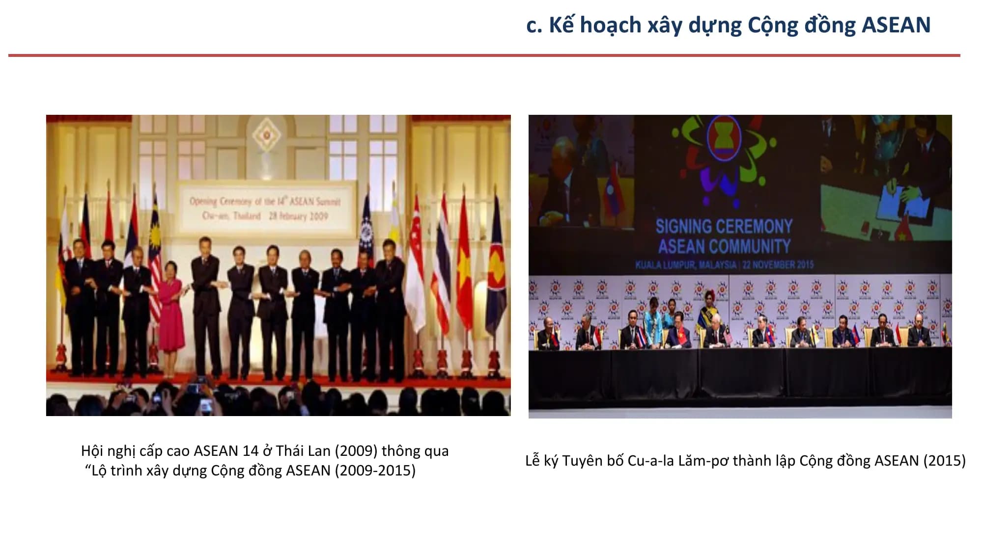 c. Kế hoạch xây dựng Cộng đồng ASEAN

Hội nghị cấp cao ASEAN 14 ở Thái Lan (2009) thông qua
 Lễ ký Tuyên bố Cu-a-la Lăm-pơ thành lập Cộng đồng ASEAN (2015)
“Lộ trình xây dựng Cộng đồng ASEAN (2009-2015)