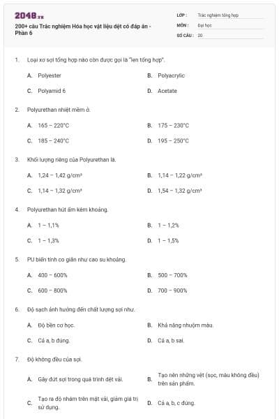200+ câu Trắc nghiệm Hóa học vật liệu dệt có đáp án - Phần 6