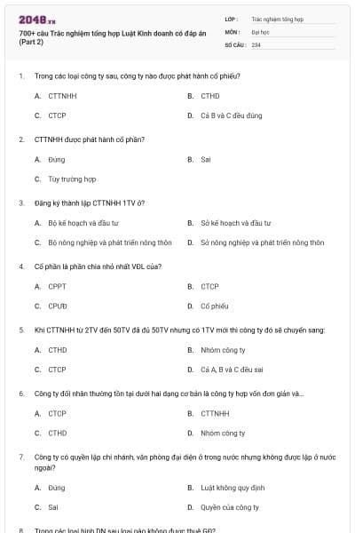 700+ câu Trắc nghiệm tổng hợp Luật Kinh doanh có đáp án (Part 2)