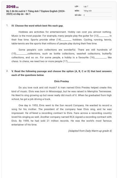 Bộ 2 đề thi cuối kì 1 Tiếng Anh 7 Explore English (2024-2025) có đáp án - Đề 1