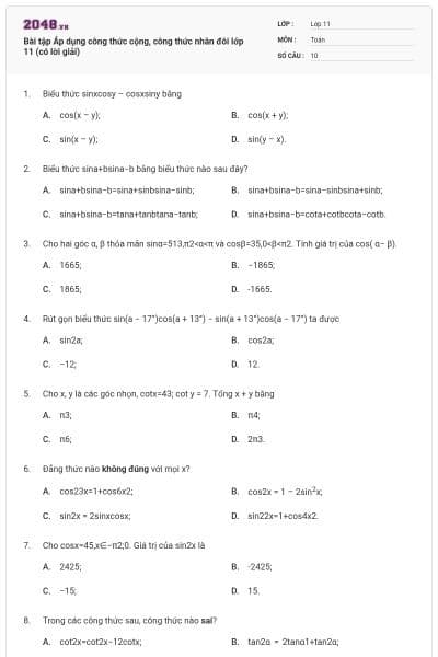 Bài tập Áp dụng công thức cộng, công thức nhân đôi lớp 11 (có lời giải)