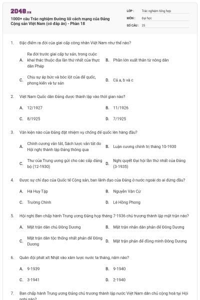1000+ câu Trắc nghiệm Đường lối cách mạng của Đảng Cộng sản Việt Nam (có đáp án) - Phần 18