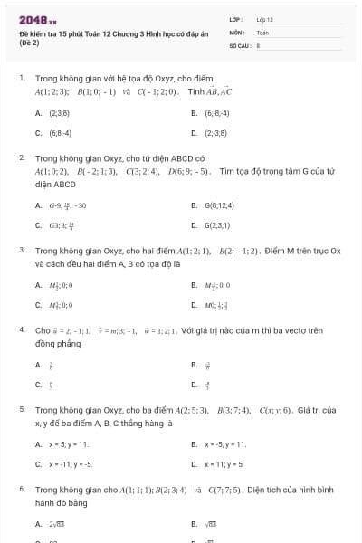Đề kiểm tra 15 phút Toán 12 Chương 3 Hình học có đáp án (Đề 2)