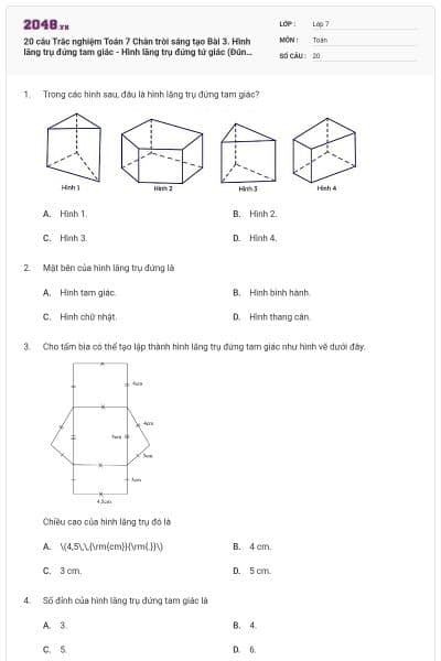 20 câu Trắc nghiệm Toán 7 Chân trời sáng tạo Bài 3. Hình lăng trụ đứng tam giác - Hình lăng trụ đứng tứ giác (Đúng sai - Trả lời ngắn) có đáp án