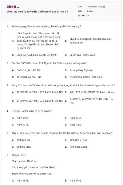 Đề thi thử môn Tư tưởng Hồ Chí Minh có đáp án - Đề 34