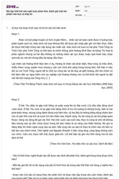 Bài tập Viết bài văn nghị luận phân tích, đánh giá một tác phẩm văn học có đáp án