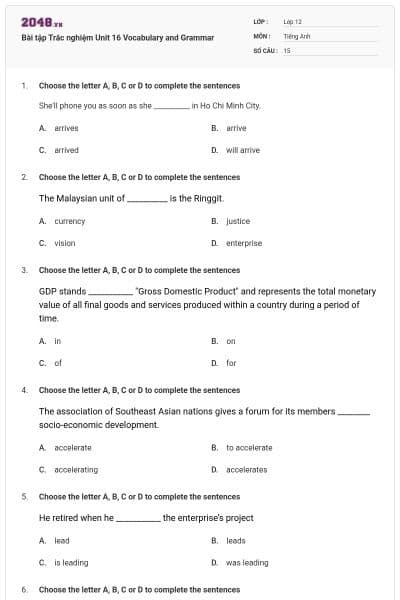 Bài tập Trắc nghiệm Unit 16 Vocabulary and Grammar