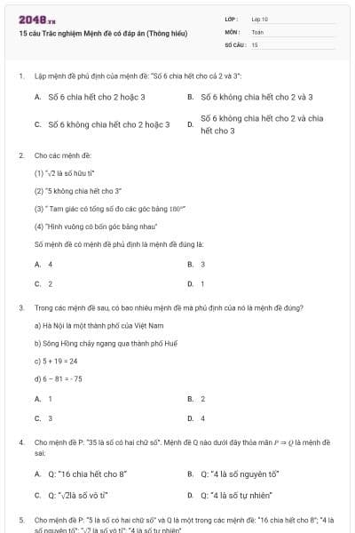 15 câu Trắc nghiệm Mệnh đề có đáp án (Thông hiểu)