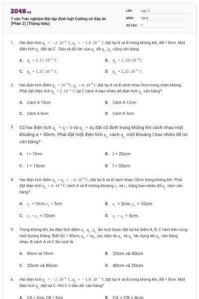 7 câu  Trắc nghiệm Bài tập định luật Culông có đáp án (Phần 2) (Thông hiểu)