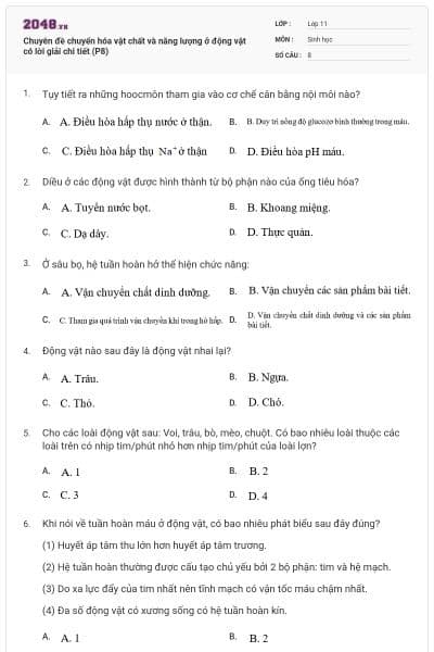 Chuyên đề chuyển hóa vật chất và năng lượng ở động vật có lời giải chi tiết (P8)