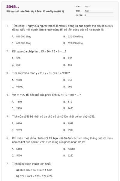 Bài tập cuối tuần Toán lớp 4 Tuần 12 có đáp án (Đề 1)