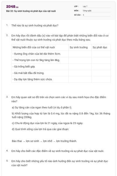 Bài 32: Sự sinh trưởng và phát dục của vật nuôi