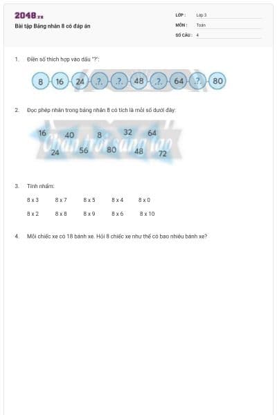 Bài tập Bảng nhân 8 có đáp án