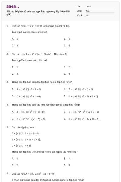 Bài tập Số phần tử của tập hợp. Tập hợp rỗng lớp 10 (có lời giải)