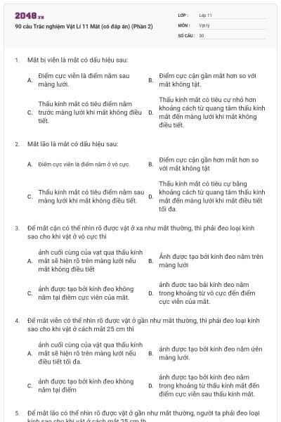 90 câu Trắc nghiệm Vật Lí 11 Mắt (có đáp án) (Phần 2)