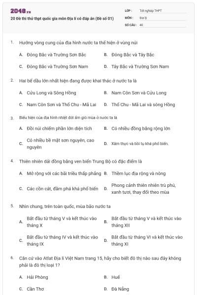 20 Đề thi thử thpt quốc gia môn Địa lí có đáp án (Đề số 01)