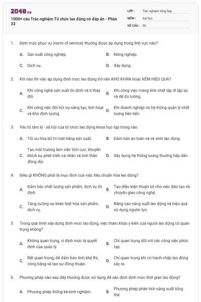 1000+ câu Trắc nghiệm Tổ chức lao động có đáp án - Phần 33