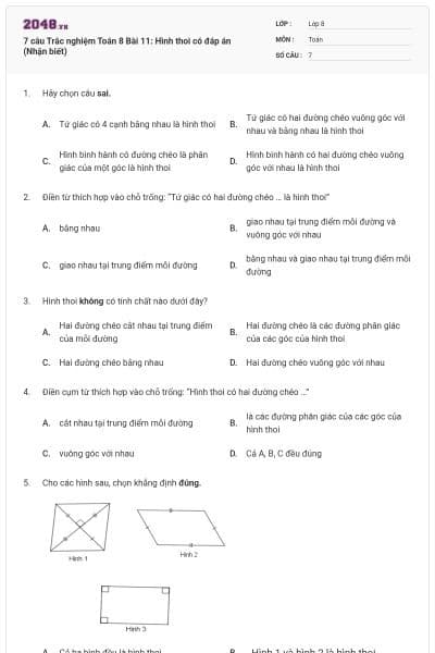 7 câu Trắc nghiệm Toán 8 Bài 11: Hình thoi có đáp án (Nhận biết)