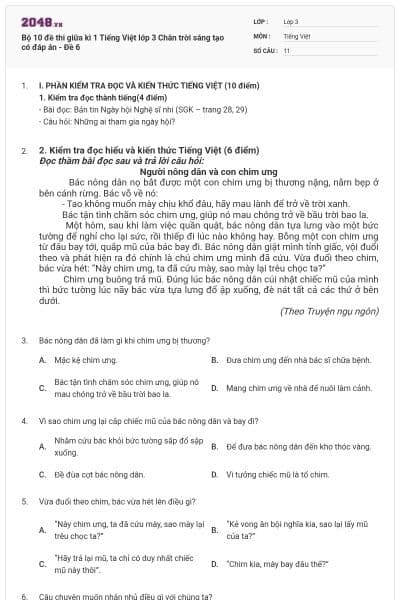 Bộ 10 đề thi giữa kì 1 Tiếng Việt lớp 3 Chân trời sáng tạo có đáp án - Đề 6
