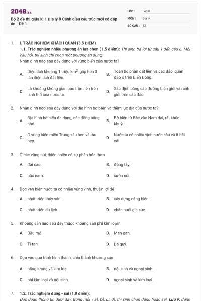 Bộ 2 đề thi giữa kì 1 Địa lý 8 Cánh diều cấu trúc mới có đáp án - Đề 1