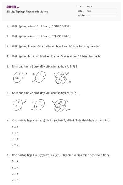 Bài tập: Tập hợp. Phần tử của tập hợp