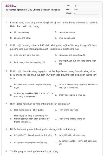 30 câu trắc nghiệm Vật Lí 12 Chương 5 cực hay, có đáp án
