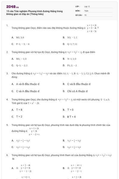 15 câu Trắc nghiệm Phương trình đường thẳng trong không gian có đáp án (Thông hiểu)