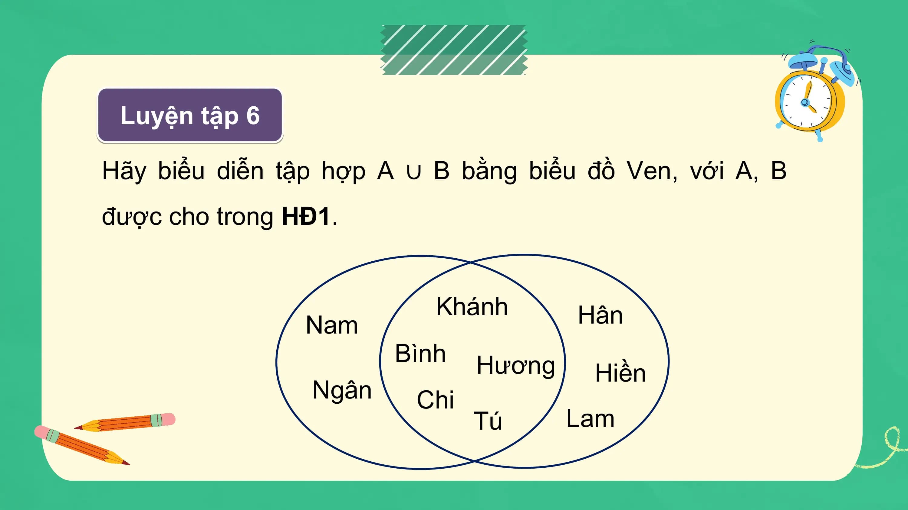 Luyện tập 6

Hãy biểu diễn tập hợp A ∪ B bằng biểu đồ Ven, với A, B
được cho trong HĐ1.

 Khánh Hân
 Nam
 Bình Hương Hiền
 Ngân Chi
 Tú Lam
