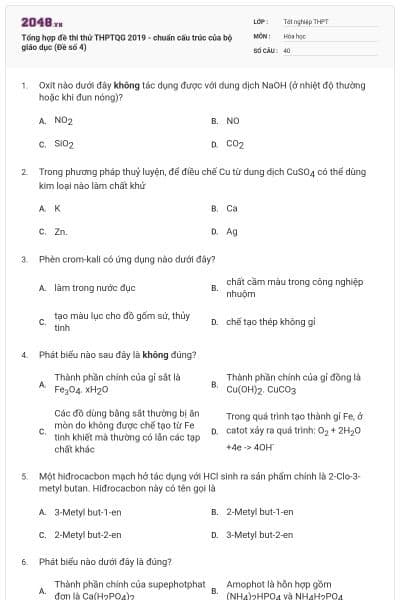Tổng hợp đề thi thử THPTQG 2019 - chuẩn cấu trúc của bộ giáo dục (Đề số 4)