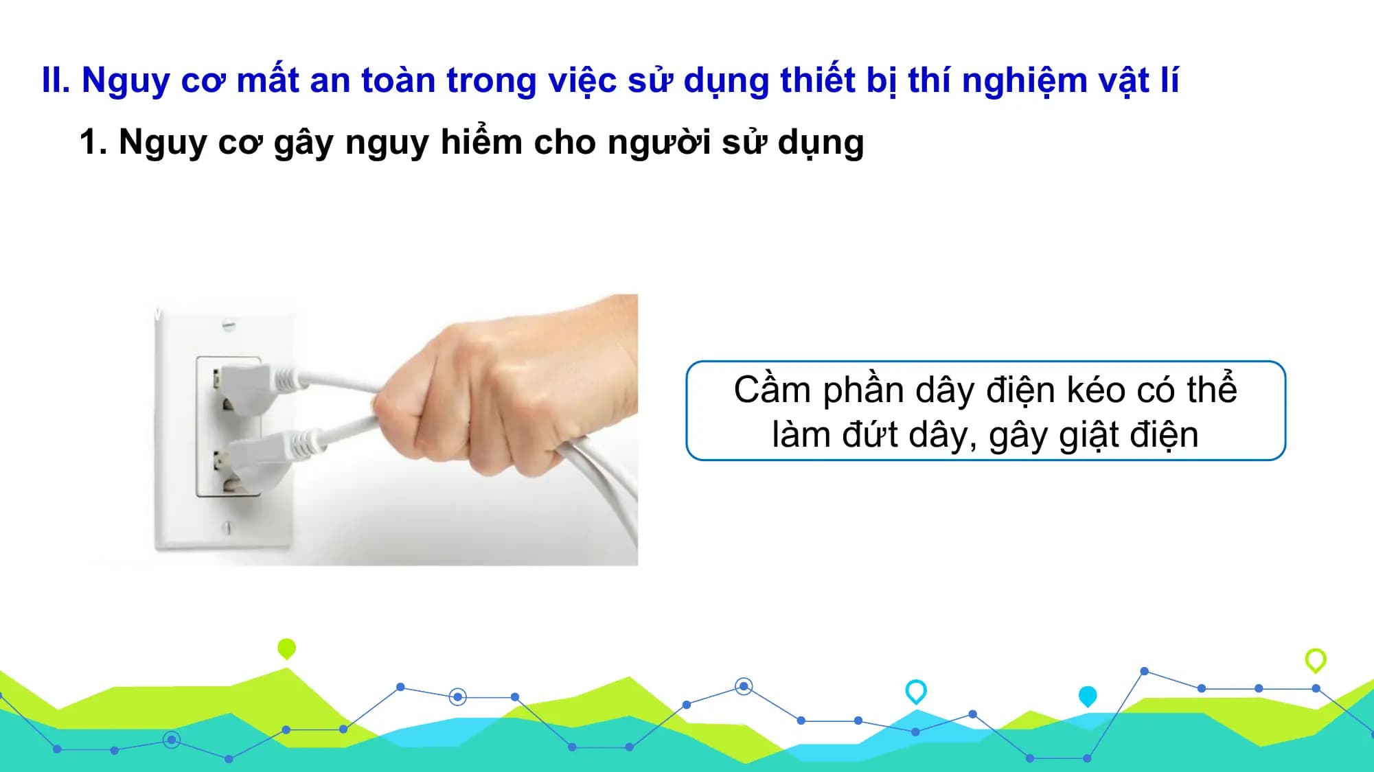 II. Nguy cơ mất an toàn trong việc sử dụng thiết bị thí nghiệm vật lí
 1. Nguy cơ gây nguy hiểm cho người sử dụng

 Cầm phần dây điện kéo có thể
 làm đứt dây, gây giật điện
