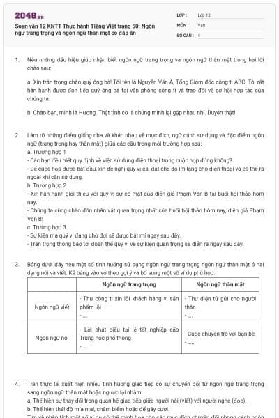 Soạn văn 12 KNTT Thực hành Tiếng Việt trang 50: Ngôn ngữ trang trọng và ngôn ngữ thân mật có đáp án