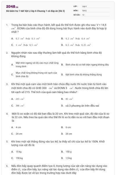 Đề kiểm tra 1 tiết Vật Lí lớp 6 Chương 1 có đáp án (Đề 3)
