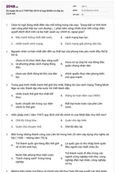 Ôn luyện đề số 2 THPTQG 2019 tổ hợp KHXH có đáp án (Lịch sử)