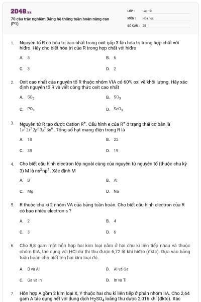 70 câu trắc nghiệm Bảng hệ thống tuần hoàn nâng cao (P1)