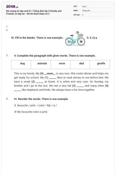 Đề cương ôn tập cuối kì 1 Tiếng Anh lớp 3 Family and Friends có đáp án - Đề thi tham khảo số 2