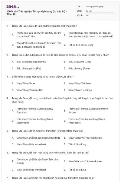 1000+ câu Trắc nghiệm Tin học đại cương (có đáp án) - Phần 19