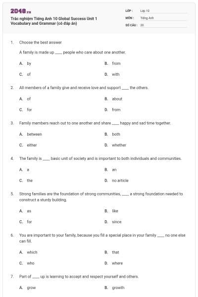 Trắc nghiệm Tiếng Anh 10 Global Success Unit 1 Vocabulary and Grammar (có đáp án)