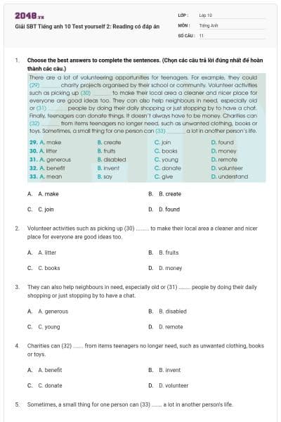 Giải SBT Tiếng anh 10 Test yourself 2: Reading có đáp án