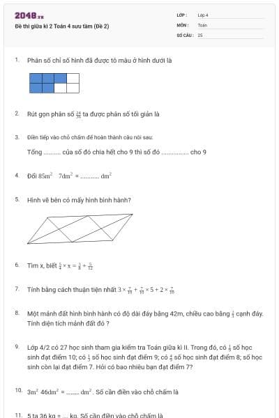Đề thi giữa kì 2 Toán 4 sưu tầm (Đề 2)