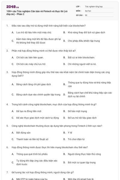 100+ câu Trắc nghiệm Căn bản về Fintech và thực thi (có đáp án) - Phần 2