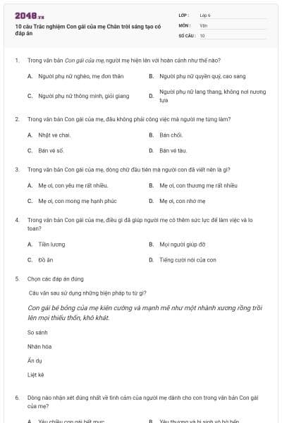 10 câu Trắc nghiệm Con gái của mẹ Chân trời sáng tạo có đáp án