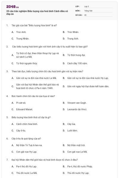 20 câu trắc nghiệm Biểu tượng của hoà bình Cánh diều có đáp án