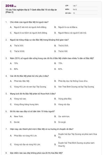 15 câu Trắc nghiệm Địa lý 7 Cánh diều Bài 15 có đáp án (Phần 2)