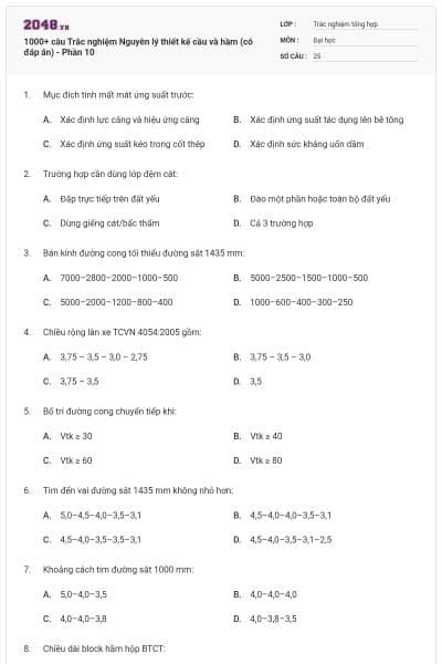 1000+ câu Trắc nghiệm Nguyên lý thiết kế cầu và hầm (có đáp án) - Phần 10