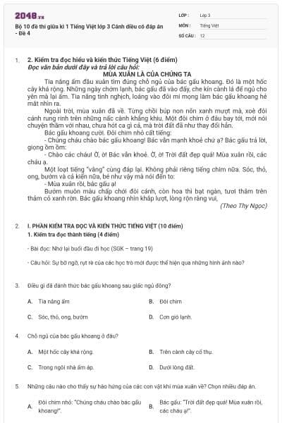 Bộ 10 đề thi giữa kì 1 Tiếng Việt lớp 3 Cánh diều có đáp án - Đề 4