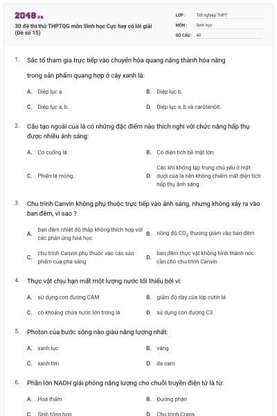 30 đề thi thử THPTQG môn Sinh học Cực hay có lời giải (Đề số 15)