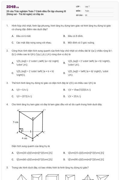 20 câu Trắc nghiệm Toán 7 Cánh diều Ôn tập chương III (Đúng sai - Trả lời ngắn) có đáp án
